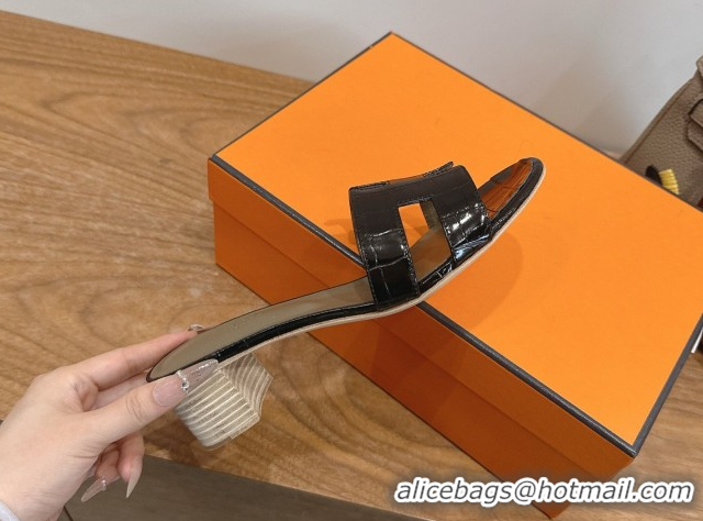 Durable Hermes Oasis Classic Heel Slides Sandal 4.5cm in Crocodile Embossed Leather Black 0304051