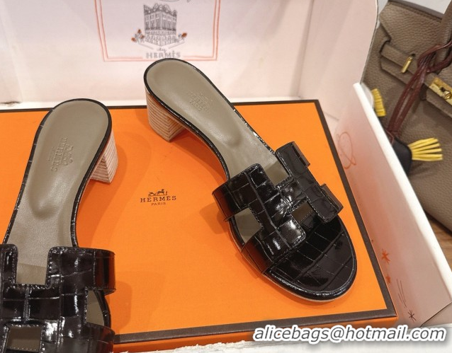Durable Hermes Oasis Classic Heel Slides Sandal 4.5cm in Crocodile Embossed Leather Black 0304051