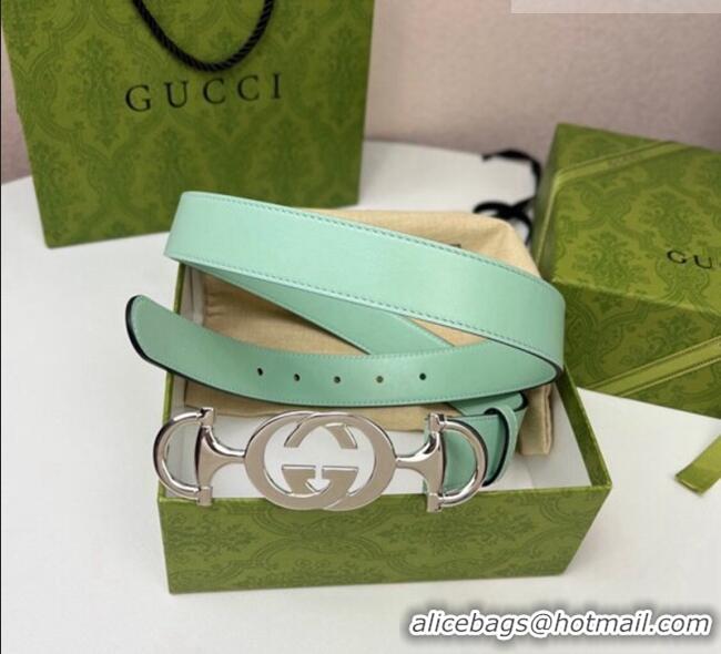 Low Price Gucci Calfskin Leather Belt 3cm with GG Chain GG102106 Light Green 2024