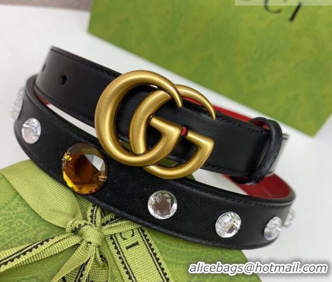 Promotional Gucci Calfskin Leather Belt 2cm with GG Buckle with Strass Stone GG102107 Black 2024