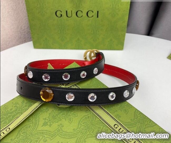 Promotional Gucci Calfskin Leather Belt 2cm with GG Buckle with Strass Stone GG102107 Black 2024