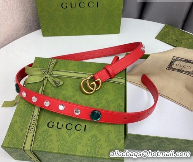 Promotional Gucci Calfskin Leather Belt 2cm with GG Buckle with Strass Stone GG102107 Red 2024