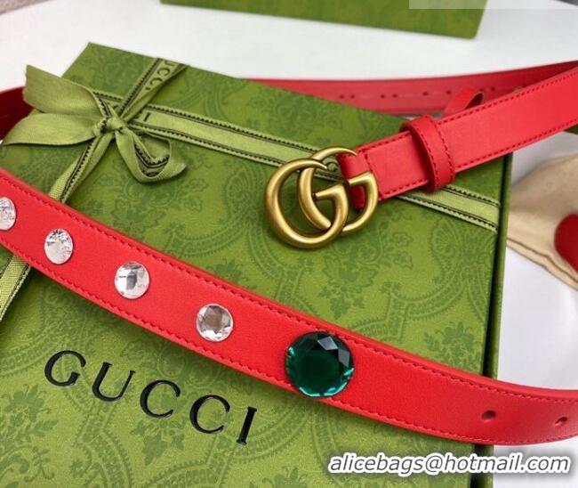 Promotional Gucci Calfskin Leather Belt 2cm with GG Buckle with Strass Stone GG102107 Red 2024