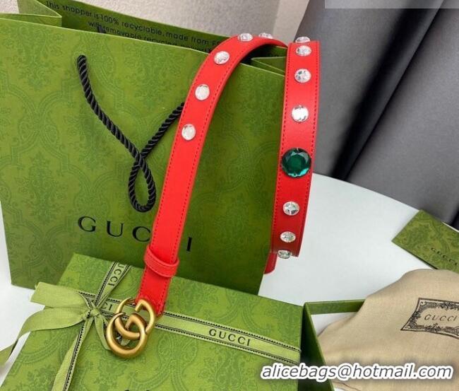Promotional Gucci Calfskin Leather Belt 2cm with GG Buckle with Strass Stone GG102107 Red 2024