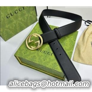 Super Quality Gucci Calfskin Leather Belt 4cm with Interlocking G Buckle 1127 Black/Gold 2024