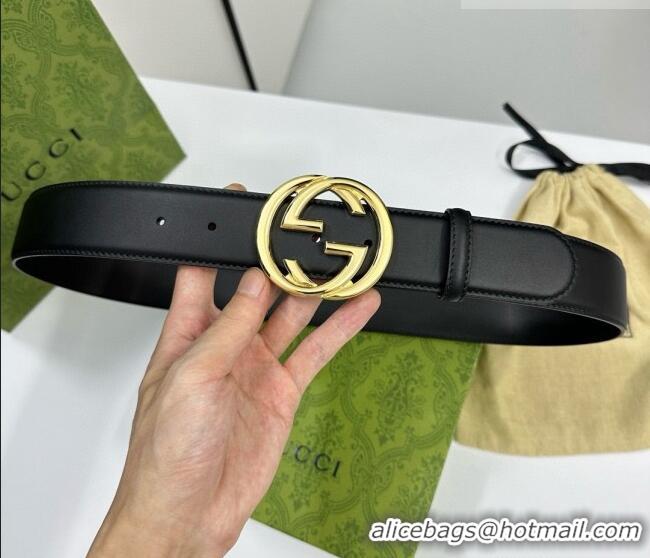 Super Quality Gucci Calfskin Leather Belt 4cm with Interlocking G Buckle 1127 Black/Gold 2024
