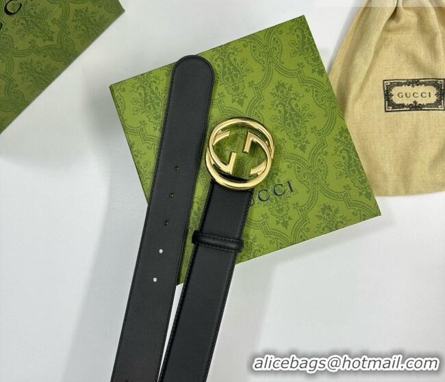 Super Quality Gucci Calfskin Leather Belt 4cm with Interlocking G Buckle 1127 Black/Gold 2024
