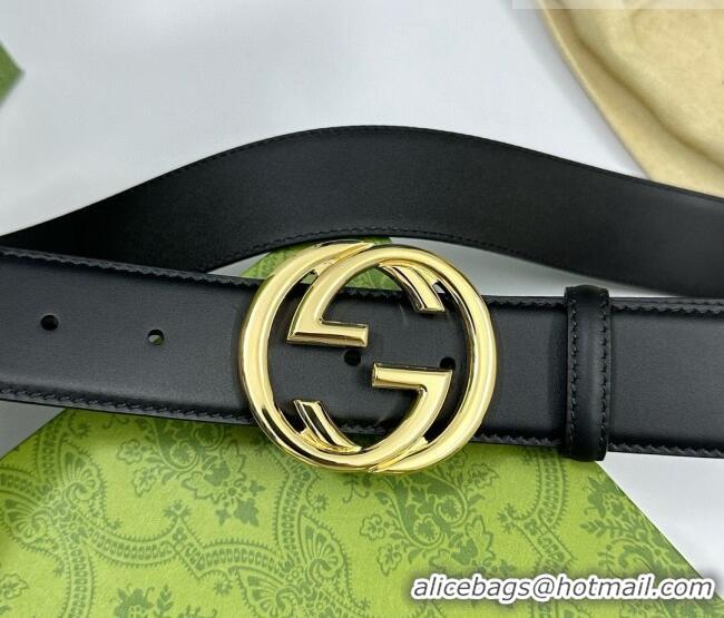 Super Quality Gucci Calfskin Leather Belt 4cm with Interlocking G Buckle 1127 Black/Gold 2024
