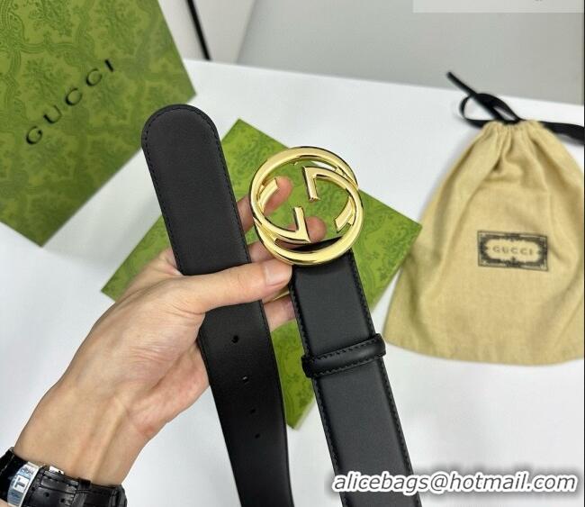 Super Quality Gucci Calfskin Leather Belt 4cm with Interlocking G Buckle 1127 Black/Gold 2024