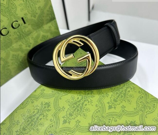 Super Quality Gucci Calfskin Leather Belt 4cm with Interlocking G Buckle 1127 Black/Gold 2024
