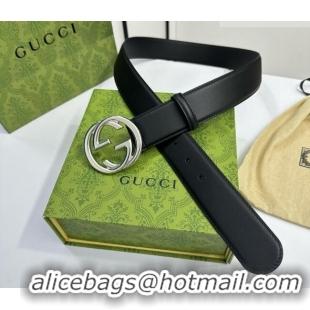 Good Taste Gucci Calfskin Leather Belt 4cm with Interlocking G Buckle 1127 Black/Silver 2024