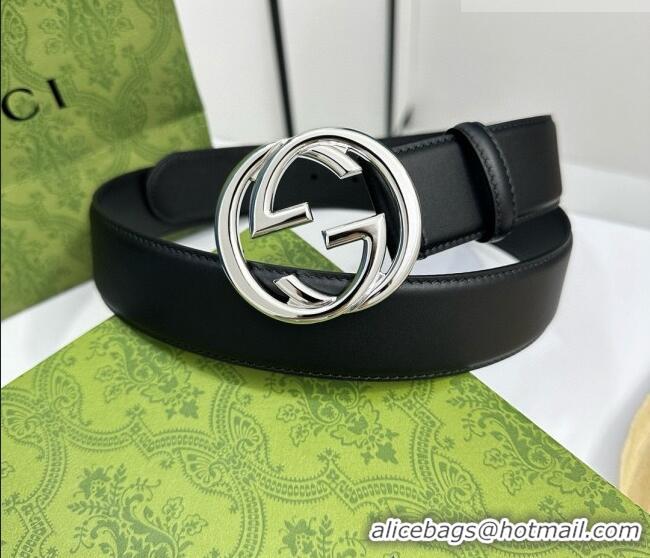 Good Taste Gucci Calfskin Leather Belt 4cm with Interlocking G Buckle 1127 Black/Silver 2024