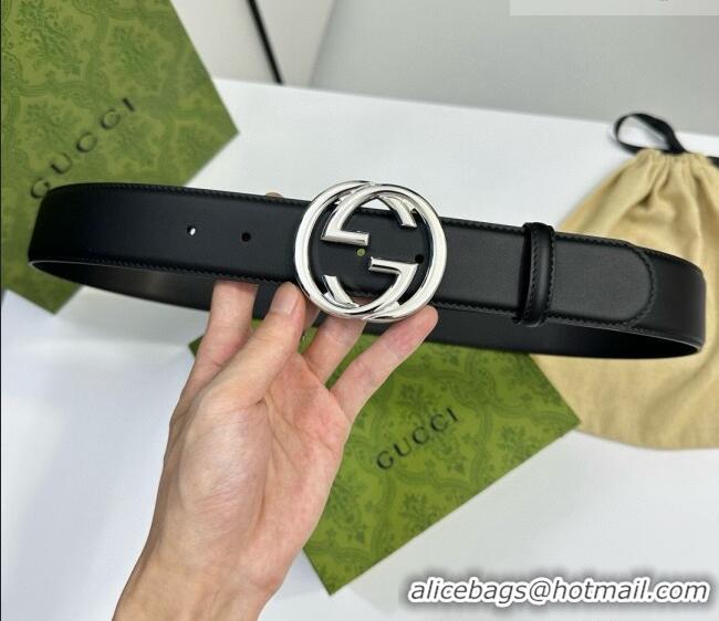 Good Taste Gucci Calfskin Leather Belt 4cm with Interlocking G Buckle 1127 Black/Silver 2024