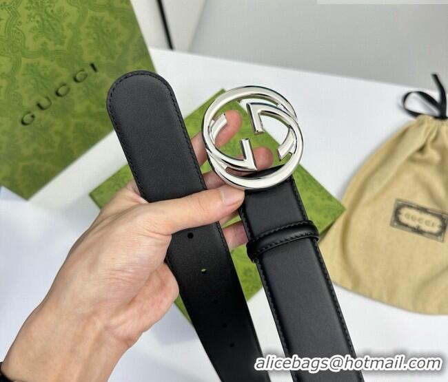 Good Taste Gucci Calfskin Leather Belt 4cm with Interlocking G Buckle 1127 Black/Silver 2024