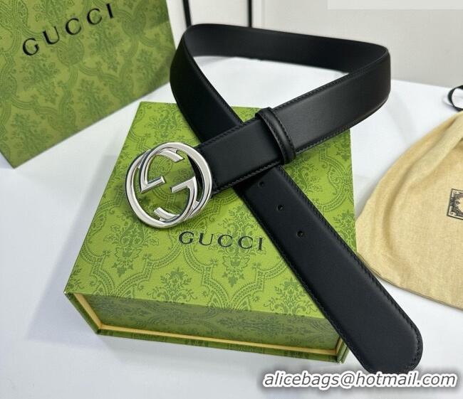 Good Taste Gucci Calfskin Leather Belt 4cm with Interlocking G Buckle 1127 Black/Silver 2024