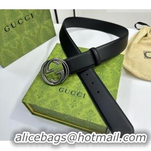 Top Grade Gucci Calfskin Leather Belt 4cm with Interlocking G Buckle 1127 Black/Gunmetal 2024