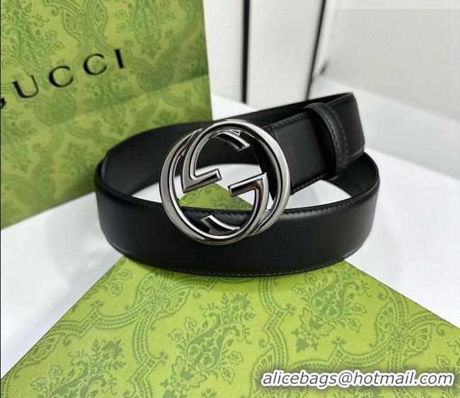 Top Grade Gucci Calfskin Leather Belt 4cm with Interlocking G Buckle 1127 Black/Gunmetal 2024