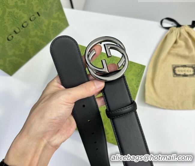Top Grade Gucci Calfskin Leather Belt 4cm with Interlocking G Buckle 1127 Black/Gunmetal 2024
