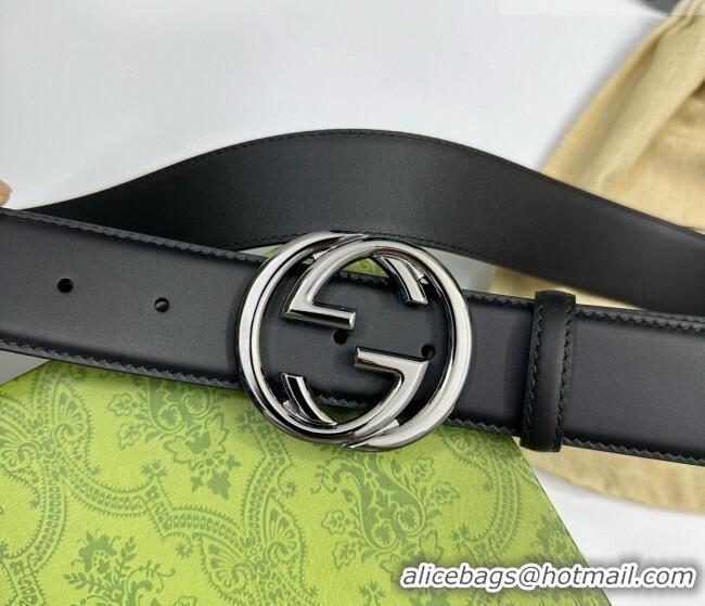 Top Grade Gucci Calfskin Leather Belt 4cm with Interlocking G Buckle 1127 Black/Gunmetal 2024