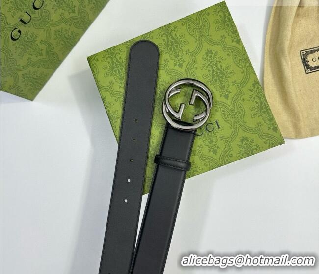Top Grade Gucci Calfskin Leather Belt 4cm with Interlocking G Buckle 1127 Black/Gunmetal 2024