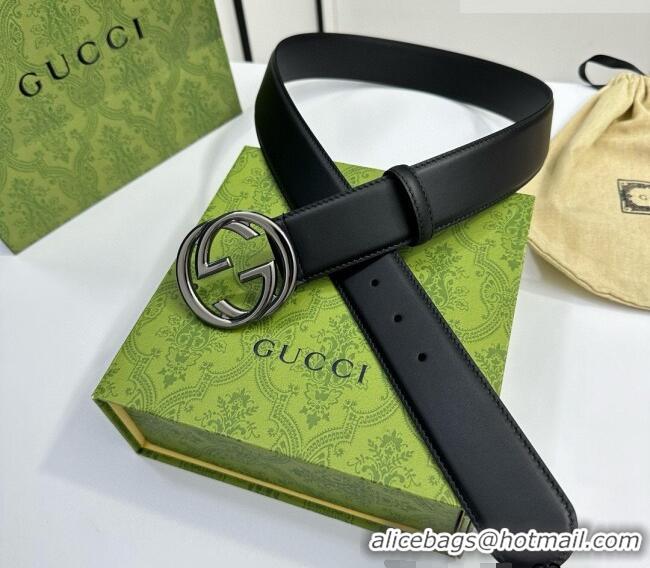 Top Grade Gucci Calfskin Leather Belt 4cm with Interlocking G Buckle 1127 Black/Gunmetal 2024