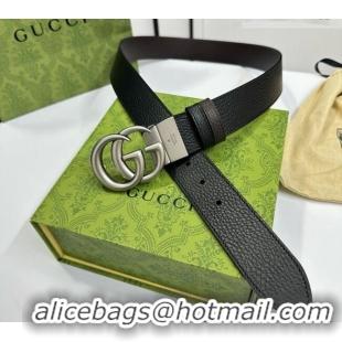 Big Discount Gucci Grained Calfskin Belt 3.7cm with Interlocking G Buckle 1127 Black/Silver 2024