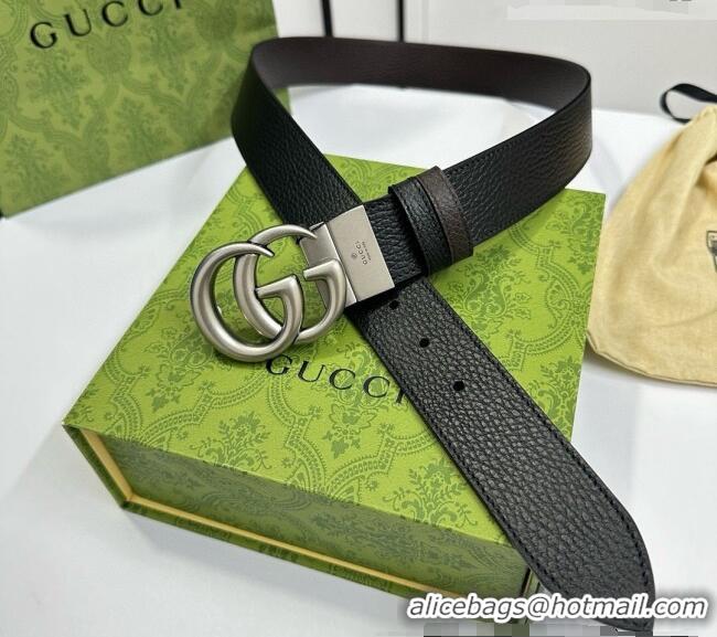 Big Discount Gucci Grained Calfskin Belt 3.7cm with Interlocking G Buckle 1127 Black/Silver 2024