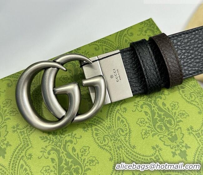 Big Discount Gucci Grained Calfskin Belt 3.7cm with Interlocking G Buckle 1127 Black/Silver 2024