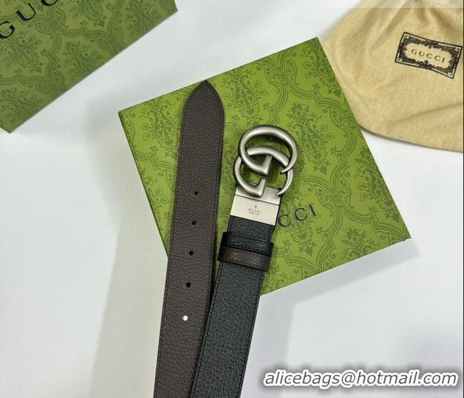 Big Discount Gucci Grained Calfskin Belt 3.7cm with Interlocking G Buckle 1127 Black/Silver 2024