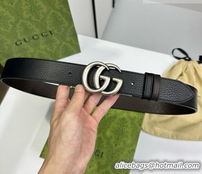 Big Discount Gucci Grained Calfskin Belt 3.7cm with Interlocking G Buckle 1127 Black/Silver 2024