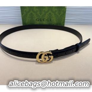 Top Grade Gucci GG Embossed Leather Belt 2cm with GG Buckle 1127 Black/Gold 2024