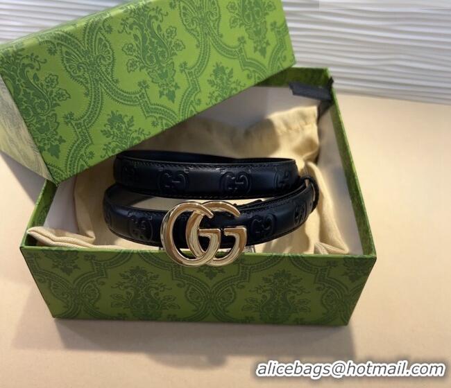 Top Grade Gucci GG Embossed Leather Belt 2cm with GG Buckle 1127 Black/Gold 2024