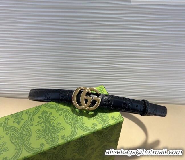 Top Grade Gucci GG Embossed Leather Belt 2cm with GG Buckle 1127 Black/Gold 2024