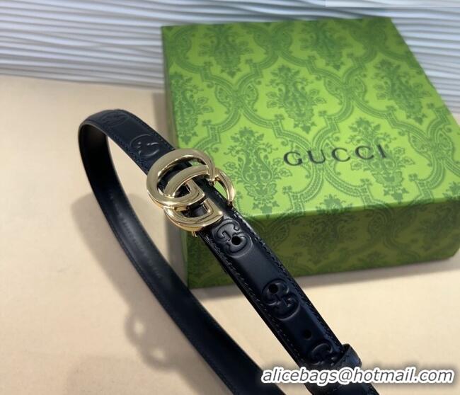 Top Grade Gucci GG Embossed Leather Belt 2cm with GG Buckle 1127 Black/Gold 2024