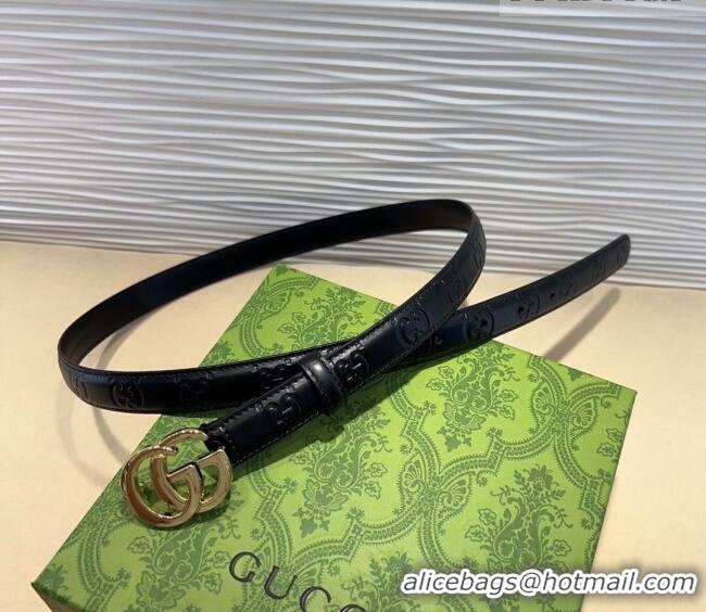 Top Grade Gucci GG Embossed Leather Belt 2cm with GG Buckle 1127 Black/Gold 2024