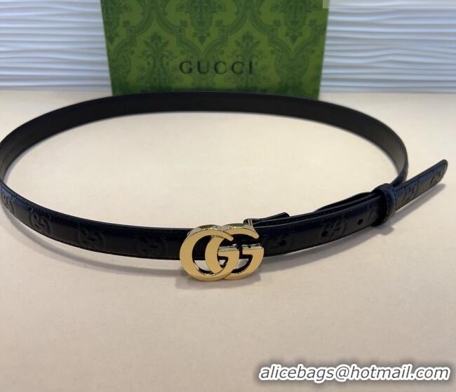 Top Grade Gucci GG Embossed Leather Belt 2cm with GG Buckle 1127 Black/Gold 2024