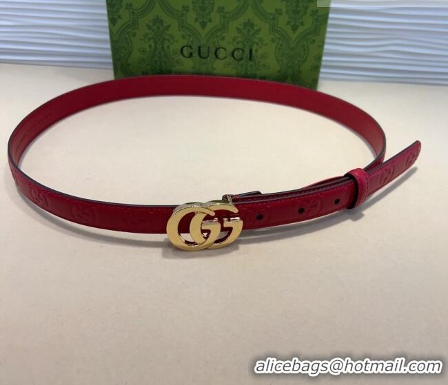 Super Quality Gucci GG Embossed Leather Belt 2cm with GG Buckle 1127 Red/Gold 2024