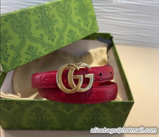 Super Quality Gucci GG Embossed Leather Belt 2cm with GG Buckle 1127 Red/Gold 2024
