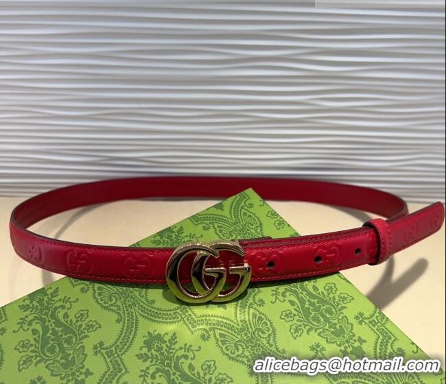 Super Quality Gucci GG Embossed Leather Belt 2cm with GG Buckle 1127 Red/Gold 2024