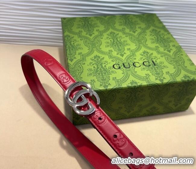 Top Grade Gucci GG Embossed Leather Belt 2cm with GG Buckle 1127 Red/Silver 2024