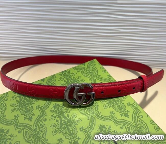 Top Grade Gucci GG Embossed Leather Belt 2cm with GG Buckle 1127 Red/Silver 2024