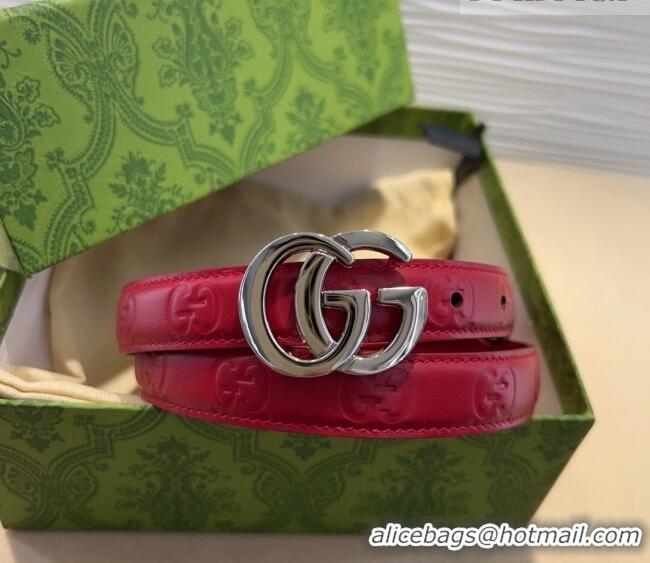 Top Grade Gucci GG Embossed Leather Belt 2cm with GG Buckle 1127 Red/Silver 2024