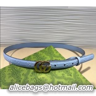 Luxury Cheap Gucci GG Embossed Leather Belt 2cm with GG Buckle 1127 Light Blue 2024