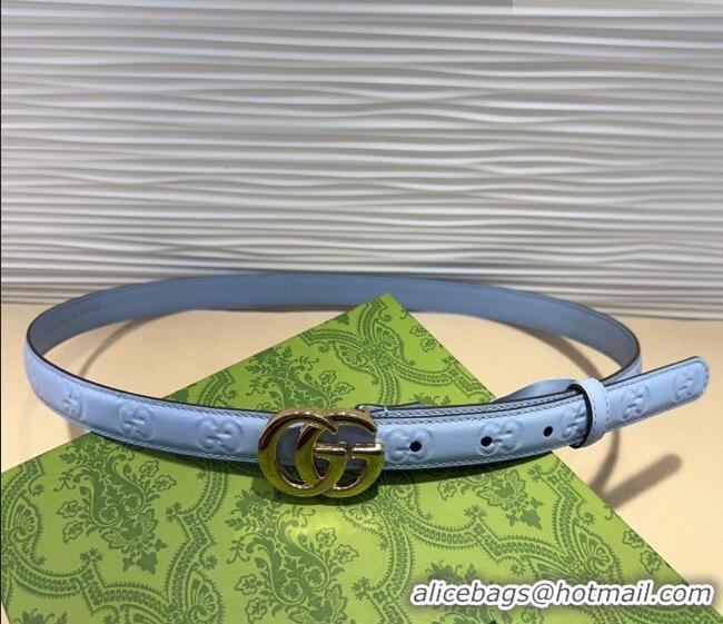 Luxury Cheap Gucci GG Embossed Leather Belt 2cm with GG Buckle 1127 Light Blue 2024