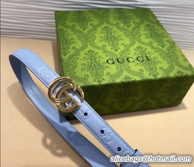 Luxury Cheap Gucci GG Embossed Leather Belt 2cm with GG Buckle 1127 Light Blue 2024