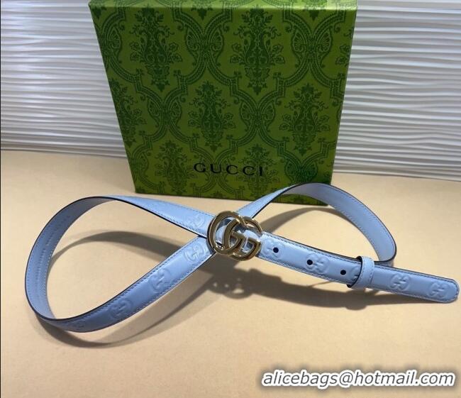 Luxury Cheap Gucci GG Embossed Leather Belt 2cm with GG Buckle 1127 Light Blue 2024