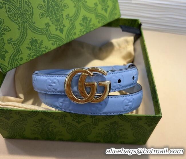 Luxury Cheap Gucci GG Embossed Leather Belt 2cm with GG Buckle 1127 Light Blue 2024