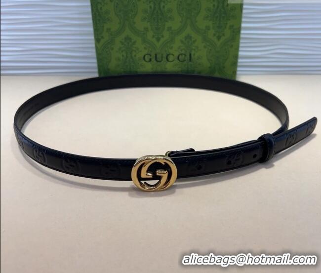 Luxury Cheap Gucci GG Embossed Leather Belt 2cm with Interlocking G Buckle 1127 Black/Gold 2024