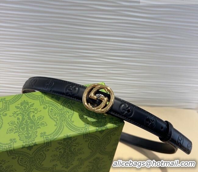 Luxury Cheap Gucci GG Embossed Leather Belt 2cm with Interlocking G Buckle 1127 Black/Gold 2024