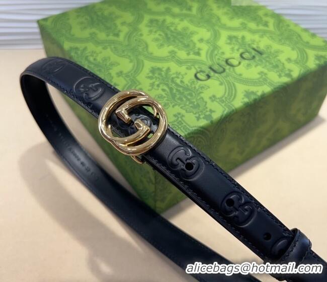 Luxury Cheap Gucci GG Embossed Leather Belt 2cm with Interlocking G Buckle 1127 Black/Gold 2024